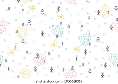 Cute forest natural seamless pattern. Childish simple cartoon background hand drawn trees and sun. Scandinavian vector illustration doodle background for child, kids, baby, textile, fabric, packaging