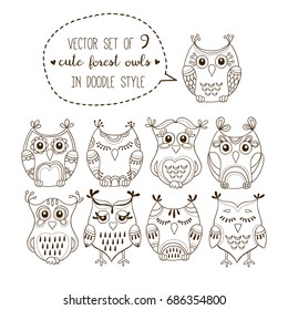 Cute forest owls vector illustration set. Collection of 9 lovely birds in doodle style for coloring. Isolated sketch design elements of owl characters