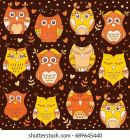 Cute forest owls vector seamless pattern. Hand drawn lovely birds background in colors of brown, orange and yellow. Sweet characters design texture in doodle style