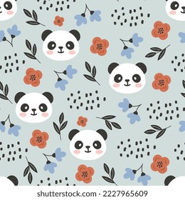 cute forest panda pastel blue seamless pattern for kids textile and fabric, home decor elements. Woodland wrapping paper vector print for baby boy and girl.