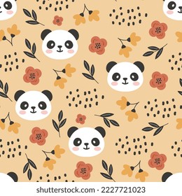 bonitos pandas de bosque cálido color naranja sin costura para los niños textil y de tela, elementos de decoración casera. Impresión vectorial de papel envolvente de madera para niños y niñas.
