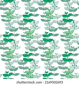 Cute forest pattern, floral white and green ornament. Seamless vector illustration for surface. Plant Chickweed, Woodlice