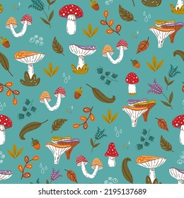 Cute forest pattern with mushrooms, flowers and leaves on a blue background. Hand drawn in doodle style fairy woodland elements for baby textile, packaging design