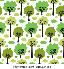 Cute forest pattern. Trees on white background for children's seamless fabric print. Green leafy grove for nursery wallpaper. Nice seasonal summer texture. Childish natural design. Vector illustration