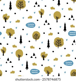 Cute forest pattern. Trees on white background for baby seamless fabric print. Green grove, lake for nursery wallpaper. Nice seasonal summer texture. Hand drawn woodland in scandinavian style. Vector