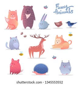 Cute forest and pets isolated on white background, set