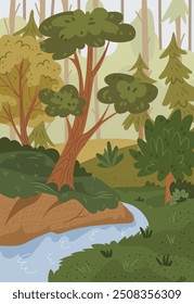 Bosque lindo con el río y los abetos, la hierba verde y los arbustos de fondo. Ilustración vectorial del paisaje del paisaje del bosque salvaje, panorama al aire libre del parque. Medio ambiente limpio Fondo de pantalla, pastizales y agua