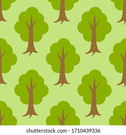Frische, nahtlose Muster mit Cartoon-Sommerbäumen im flachen Stil. Holzhintergrund. Vektorillustration. 