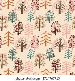 Cute forest seamless pattern with cartoon summer trees in flat doodle style. Woodland background. Vector illustration.  