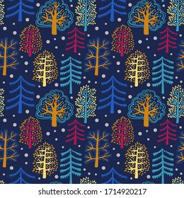 Cute forest seamless pattern with cartoon summer trees and dots in flat doodle style. Woodland background. Vector illustration.  