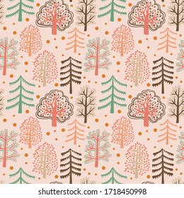 Cute forest seamless pattern with cartoon summer trees and dots in flat doodle style. Woodland background. Vector illustration.  