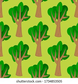 Cute forest seamless pattern with cartoon summer trees in flat style. Woodland background. Vector illustration.  