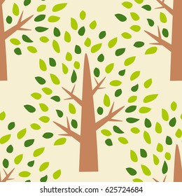Cute forest seamless pattern with cartoon summer trees with green leaves isolated on beige background. Flat style. Vector illustration.