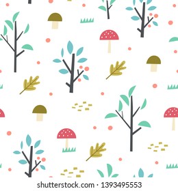 Cute forest. Seamless pattern in childish style. Perfect for kids fabric, textile, nursery wallpaper.