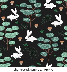 Cute forest seamless pattern with colorful trees, grass, rabbits, mushrooms in scandinavian style. Simple doodle pines on black. Map texture. Hand drawing vector background for your design.