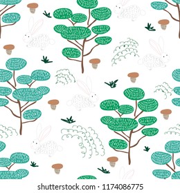 Cute forest seamless pattern with colorful trees, grass, rabbits, mushrooms in scandinavian style. Simple doodle pines on white. Map texture. Hand drawing vector background for your design.