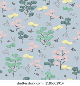 Cute forest seamless pattern with colorful trees, grass and other elements in scandinavian style. Simple doodle pines on blue. Map texture. Hand drawing vector background for your design.