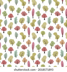 Cute forest seamless pattern with colorful autumn trees. Simple cartoon print for wallpaper, bedding, nursery design, children's bedroom, playroom. Background for wrapping paper, packaging.