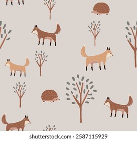 Cute forest seamless pattern with orange fox, green leaf and ginger blobs . Hand drawn foxy texture for print design, wallpaper, textile,