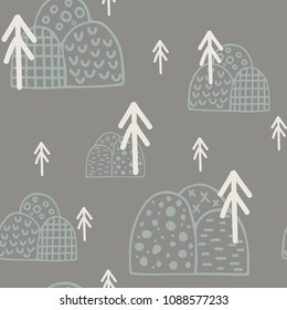 Cute forest seamless pattern with trees, clouds and raindrops. Baby scandinavian style nature illustration. Cute abstract forest design for textile, wallpaper, fabric.