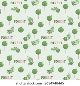 Niedlicher Wald nahtloses Muster - tropischer Baum und Blatt Hintergrund für Kinder und Natur-Design