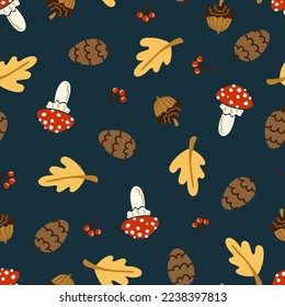 Cute forest seamless vector pattern. Fly agaric, pine cone, acorn, oak leaf, berries texture.