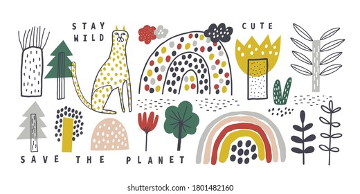 Conjunto de bosques. Conjunto de vector dibujado a mano. Estilo Doodle. Ideal para la decoración infantil. 