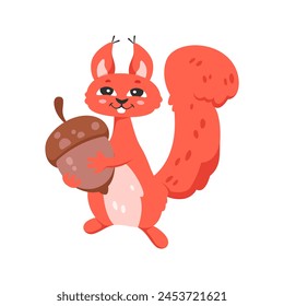 Cute forest squirrel with acorn. Adorable red animal, wild fauna cartoon vector illustration