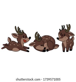Cute forest stag set animal vector illustration. Buck deer with antlers. Childlish hand drawn doodle style. For baby nursery decor, boho kids fashion, trendy doodle woodland graphic design. 