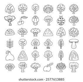 Cute Forest Trees Outline Vector Illustration Set,for Coloring Book
