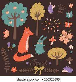 Cute forest vector set. Illustration of forest animals, trees, birds and flowers