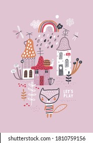 Cute forest village. Childish vector illustration with fox, mushrooms, houses, snails, butterflies and rainbow. Baby style.