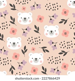 cute forest white polar bear warm orange and pink seamless pattern for kids textile and fabric, home decor elements. Woodland wrapping paper vector print for baby boy and girl.