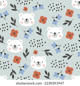 cute forest white polar bear blue seamless pattern for kids textile and fabric, home decor elements. Woodland wrapping paper vector print for baby boy and girl.