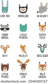 Cute forest wild animals faces large set. Hand drawn illustrations to design children's cards, posters and t-shirts. 