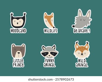 Cute forest wild animals faces with lettering set. Owl, fox, bear, deer, lynx, raccoon hand drawn sticker pack. Cute animals for greeting cards, posters and baby clothes.