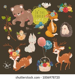 Cute forest, woodland animals collection. Baby bear, fox, bunny (rabbit), bird, hedgehog and deer. Floral bouquets, wreath, basket with flowers and eggs, branch and balloons