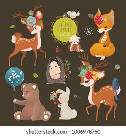 Cute forest, woodland animals collection. Baby bear, fox, bunny (rabbit), owl, bird, hedgehog and deer. Floral bouquets, wreath, basket with flowers and eggs, branch and balloons