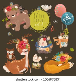 Cute forest, woodland animals collection. Baby bear, fox, bunny (rabbit), bird, hedgehog and deer. Floral bouquets, wreath, basket with flowers and eggs, branch and balloons
