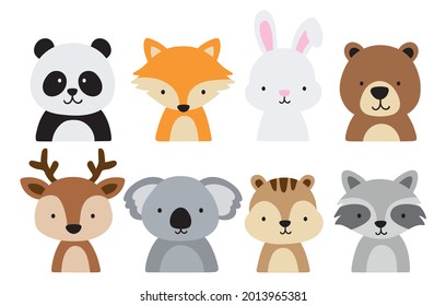 Cute forest woodland animals including a panda, fox, bear, deer, koala, rabbit, bunny, squirrel, and raccoon. Vector illustration of forest animal heads and faces.
