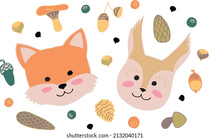 Cute forest woodland animals including fox and squirrel on white background. Vector illustration of forest animal heads and faces with cones, mushrooms and acorns.