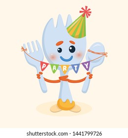 CUTE FORK CARTOON WITH PARTY BANNER