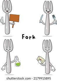 Cute fork with faces cartoon mascot hand drawn set isolated on white background