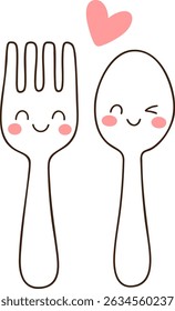 A cute fork and spoon characters with smiling faces and heart above them, perfect for kitchen