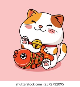 Cute Fortune Cat Holding A Red Goldfish