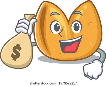 Cute fortune cookie character smiley with money bag