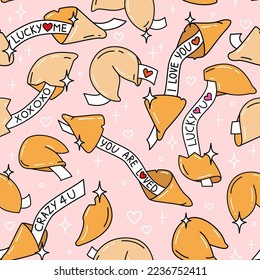 Cute fortune cookie Valentine's Day seamless pattern with love message. Hand drawn vector illustration in cartoon style.