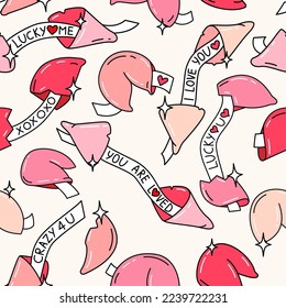 Cute fortune cookie Valentine's Day seamless pattern with love message. Hand drawn vector illustration in cartoon style.