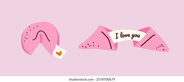 Cute fortune cookie for Valentine's Day with love message. Hand drawn vector romantic illustration in cartoon style. For poster, greeting card, invitation, flyer, banner