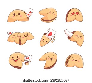 Cute fortune cookies characters. Closed Chinese shortbread with blank paper for message, wishing, surprise. Vector drawing. Collection of design elements.